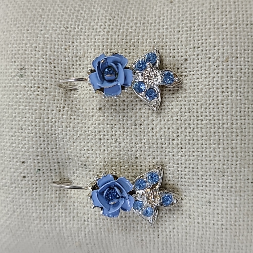 Earrings "Something Blue" Silver Tone Rose Dangle Bride Wedding Delicate Pretty - Picture 1 of 6